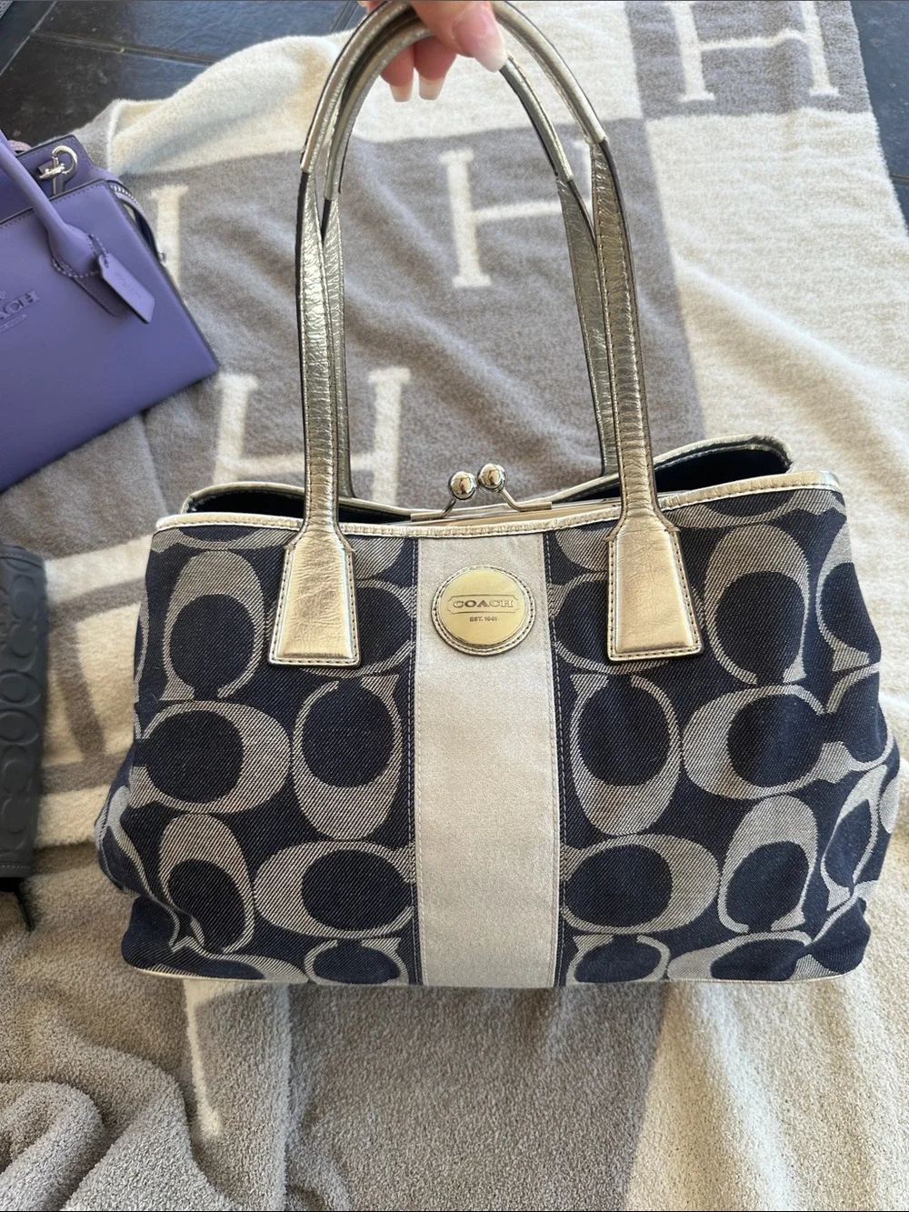 Coach Navy and Metallic Gold Signature Tote
